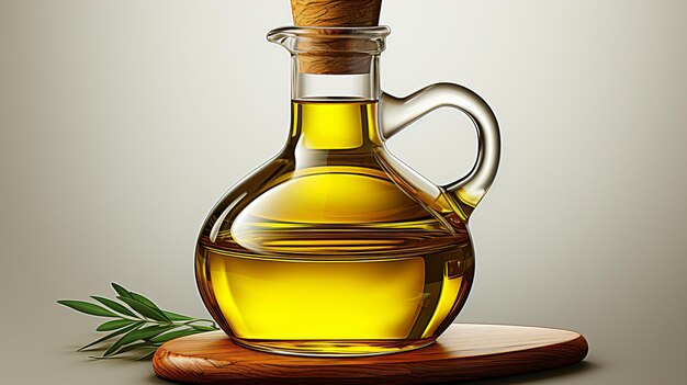 Bottiglia di vetro di olio d'oliva per cucina rustica su sfondo di legno