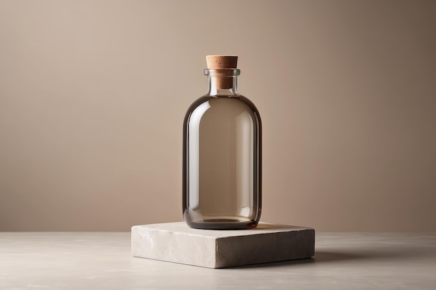 Bottiglia di vetro marrone in bianco in piedi su un podio di pietra