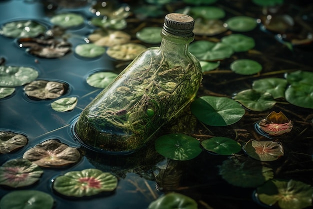 Bottiglia di vetro ricoperta di alghe galleggiante