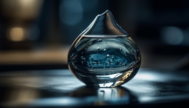Bottiglia di vetro trasparente che riflette lo sfondo blu della barra generato dall'intelligenza artificiale