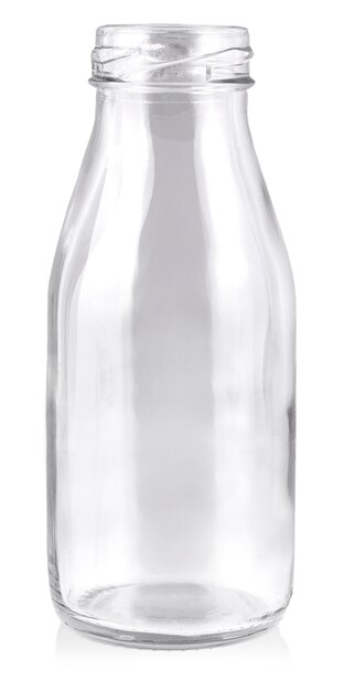 Bottiglia di vetro vuota isolata sulla parete bianca.