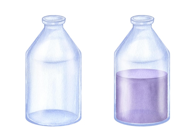 Bottiglia di vetro vuota piena di olio di lavanda lilla aromaterapia Handdraw acquerello illustrazione isolata