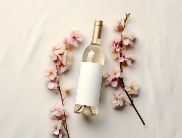 bottiglia di vino bianca di lusso con fiori e foglie di etichetta bianca su tessuto bianco