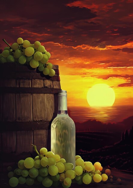 Bottiglia di vino bianco accanto a uva di barile di legno contro il tramonto della vigna