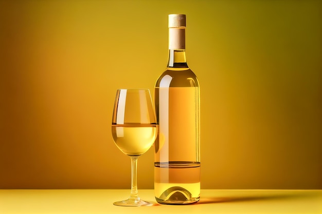 Bottiglia di vino bianco e bicchiere su sfondo giallo IA generativa
