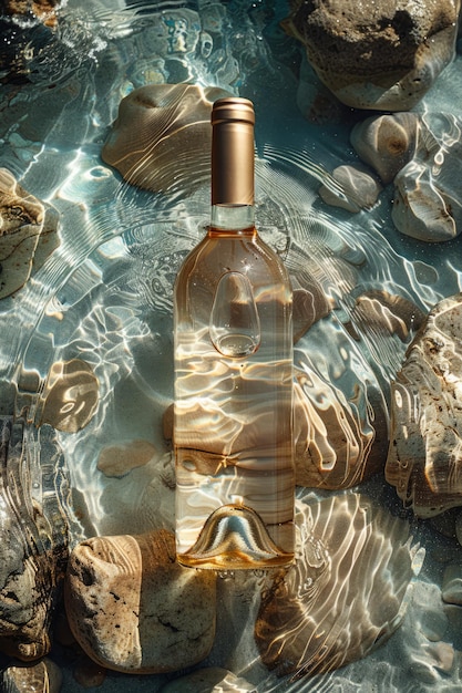 bottiglia di vino bianco galleggiante in acqua e stile leggero