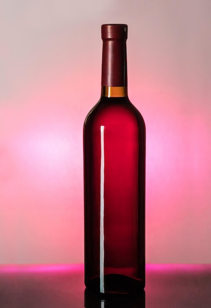 Bottiglia di vino chiusa sparata contro la luce su uno sfondo rosa