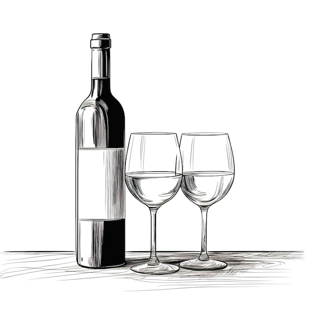 Bottiglia di vino e bicchiere di vino Illustrazioni in stile schizzo disegnate a mano