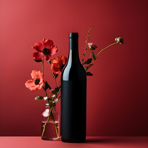 Bottiglia di vino mock up etichetta nera vuota sfondo rosso con fiori