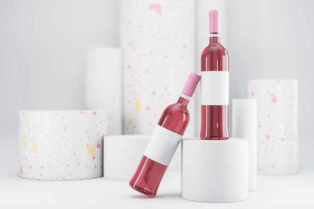 Bottiglia di vino rosa con etichetta in bianco su sfondo bianco Pubblicità e branding liqor e concetto di bevanda Rendering 3D