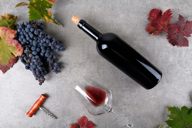 Bottiglia di vino rosso con grappolo di uva caduta foglie d'uva su sfondo grigio vista dall'alto