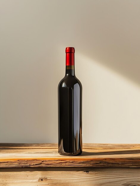 Bottiglia di vino rosso con una composizione di legno vecchio composizione minimalista su un bei Generative AI