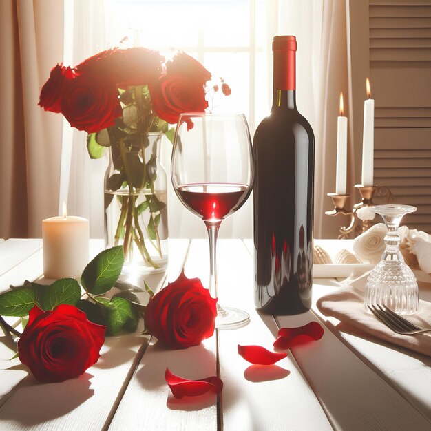 Bottiglia di vino rosso due bicchieri vuoti rose rosse su un tavolo di legno bianco sullo sfondo bianco della stanza