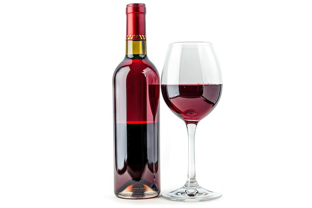 Bottiglia di vino rosso e bicchiere isolati su sfondo bianco