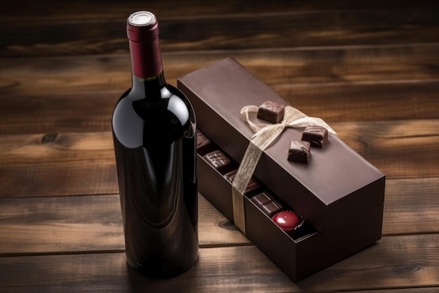 Bottiglia di vino rosso e scatola di cioccolatini su tavola di legno creata con intelligenza artificiale generativa