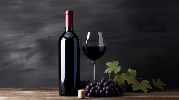 Bottiglia di vino rosso grappolo d'uva sulla tavola di legno