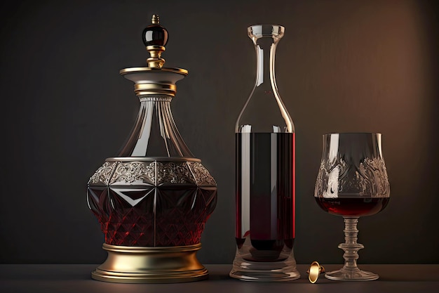 Bottiglia di vino rosso in piedi sul tavolo accanto al decanter con vino