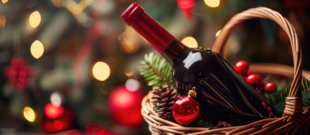 Bottiglia di vino rosso in un cesto regalo di Natale