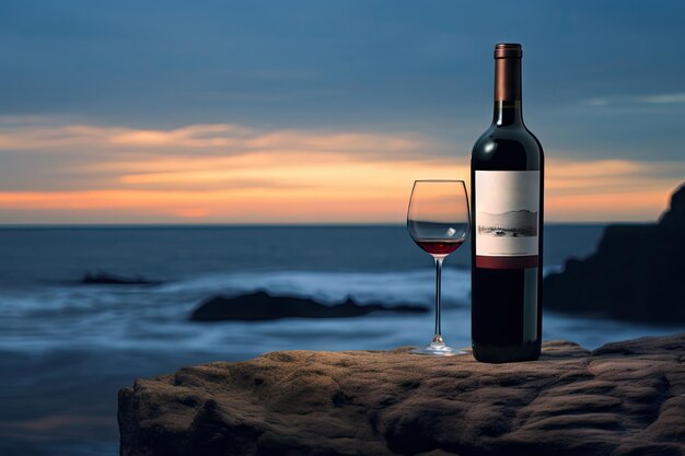 Bottiglia di vino rosso sulla spiaggia dell'oceano Mockup di bottiglia di vini sulla spiaggia rocciosa Sole blu scuro