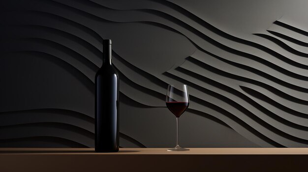 Bottiglia di vino scura e bicchiere su uno sfondo rosso e nero con un disegno ondulato La bottiglia di vinile è nera e il bicchiere è riempito di vino rosso