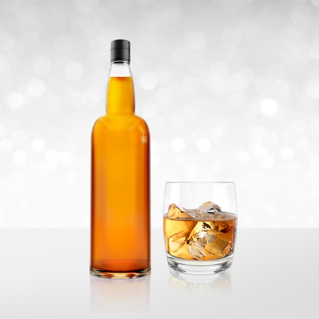 Bottiglia di whisky con vetro su sfondo bianco brillante bokeh rendering 3d