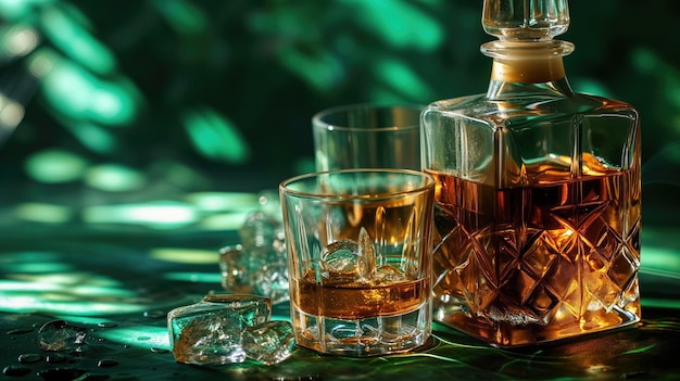 Bottiglia di whisky e bicchieri con ghiaccio su luce verde