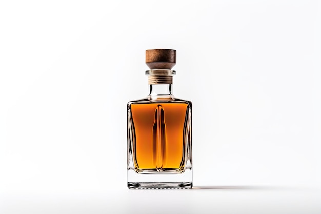 Bottiglia di whisky piatto piccolo pieno su sfondo bianco