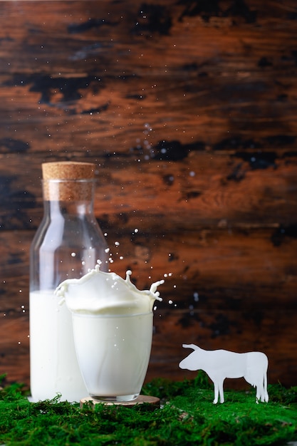 Bottiglia e bicchiere di latte con spruzzata con erba e silhouete di caw