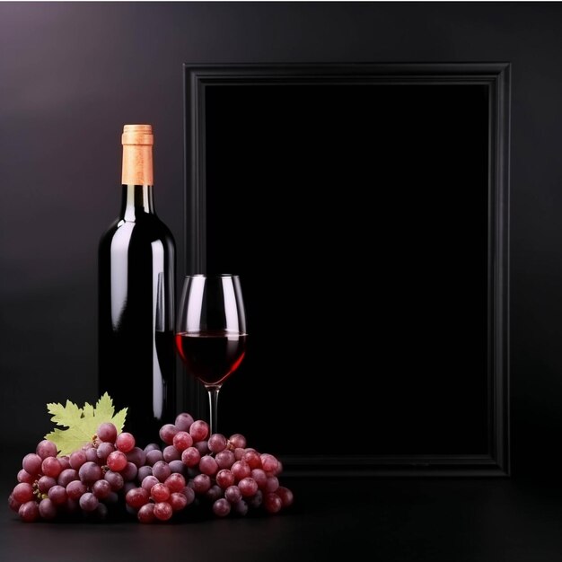 Bottiglia e bicchiere di vino rosso con uva su uno sfondo scuro