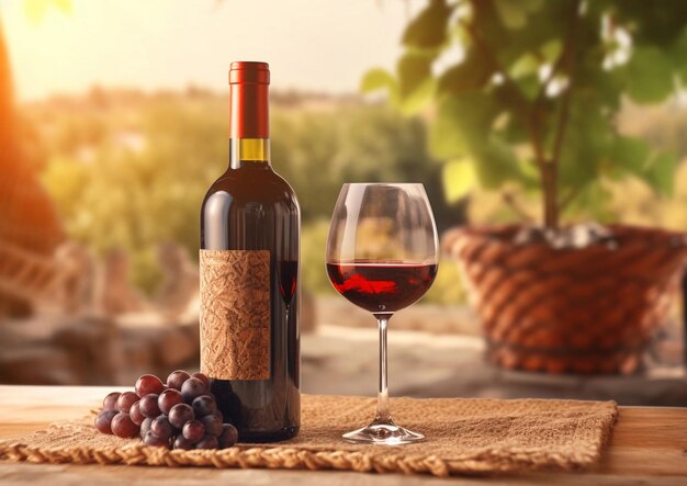 Bottiglia e bicchiere di vino rosso con uva sul tavolo nel vigneto durante la calda serata estivaAI Generative