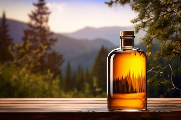 Bottiglia in vetro ambrato dall'eleganza naturale con tappo in legno naturale generato da Ai