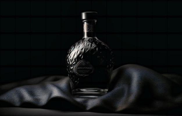 Bottiglia nera seduta sopra un tessuto nero