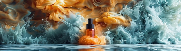 bottiglia per la cura della pelle e della cura del corpo banner pubblicitario per prodotti di bellezza naturale su sfondo nebbioso di spruzzi di vernice