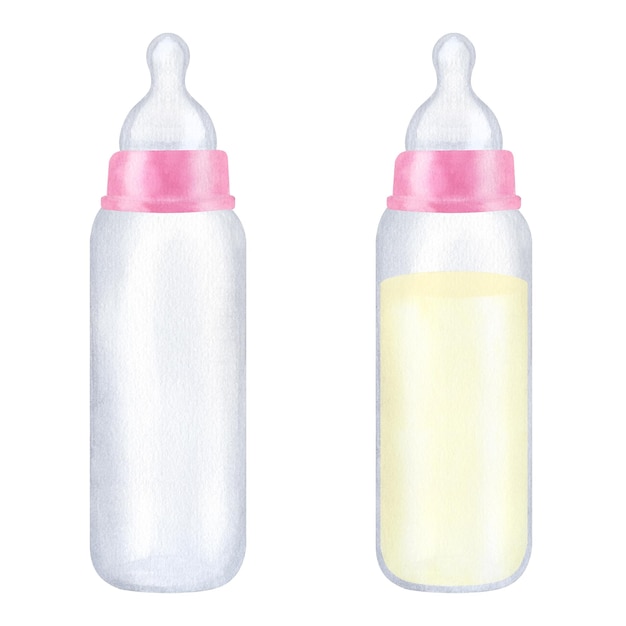 Bottiglia rosa capezzolo di silicone formula per lattanti latte bambina neonata illustrazione ad acquerello isolata