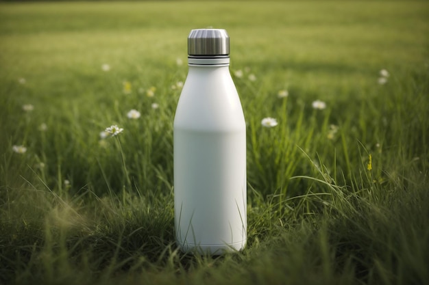 Bottiglia termica inossidabile bianca seduta nell'erba