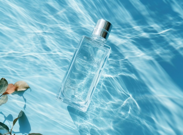 Bottiglia trasparente di crema idratante in acqua blu