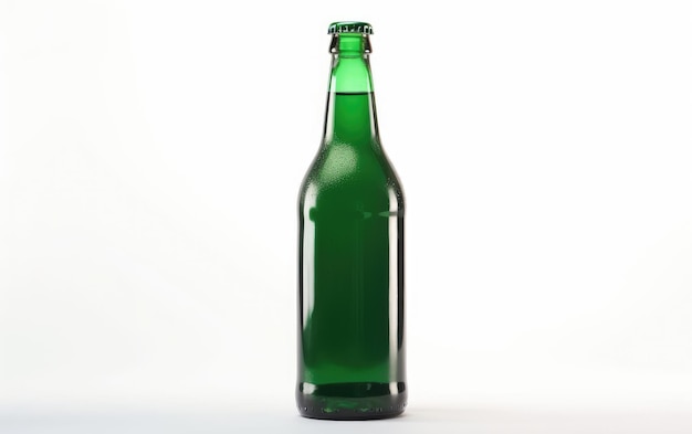 Bottiglia verde di birra con un tappo d'oro isolato su uno sfondo bianco alcool birra mockup ai generato