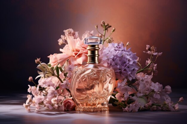 bottiglia vuota di profumo di lusso con fiori rosa sullo sfondo