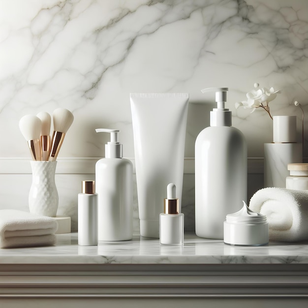 bottiglie bianche e tubi con cosmetici su scaffale di marmo bianco nel bagno per rilassarsi carta spa