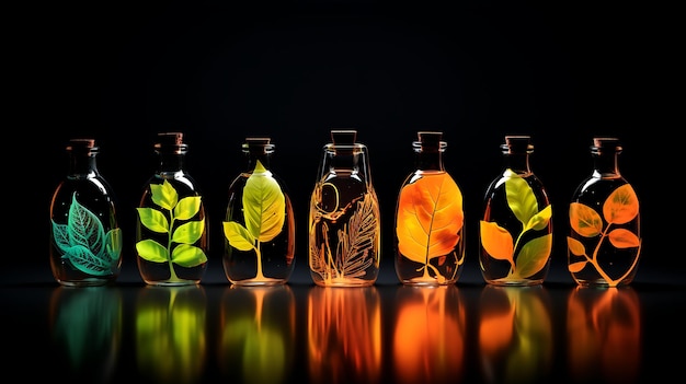 bottiglie con liquidi colorati e foglie Genera Ai
