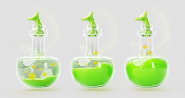 Bottiglie con pozione magica verde alchimia elixir o veleno per streghe set di icone di rendering 3D bottiglie di vetro con bolle di oro liquido tossico e ondate di vento scintillanti vortice risorse del gioco Fantasy ui