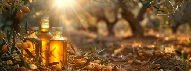 bottiglie d'olio d'oliva dorate con foglie di oliva e frutti disposte al centro di un campo di olive rurale con