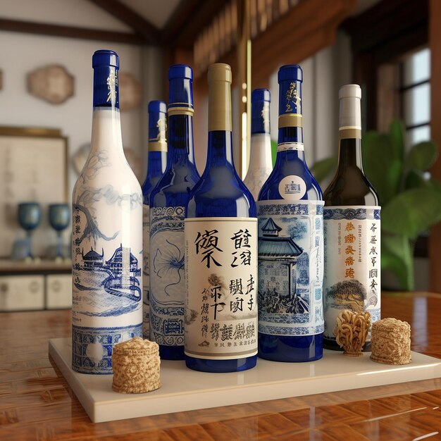 Bottiglie da vino porcellana bianca blu AI generativa