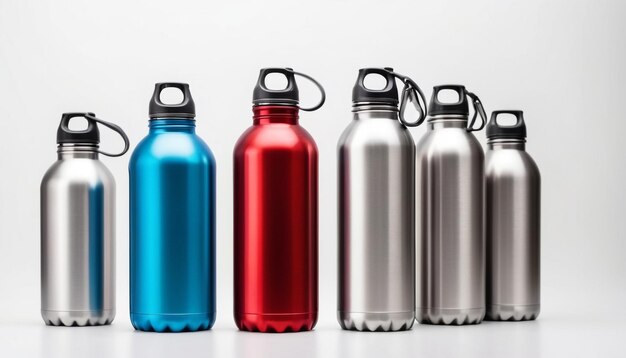 Bottiglie di acqua potabile in alluminio di metallo termico isolate sullo sfondo bianco 8
