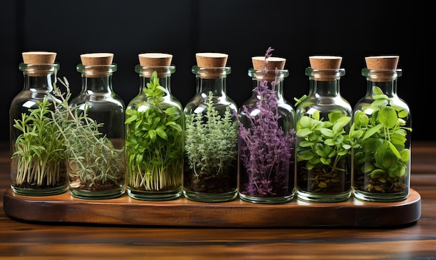 Bottiglie di aromaterapia con erbe e olio su un tavolo di legno