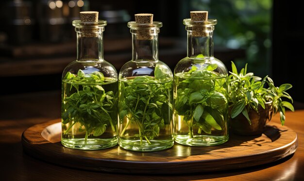 Bottiglie di aromaterapia con erbe e olio su un tavolo di legno