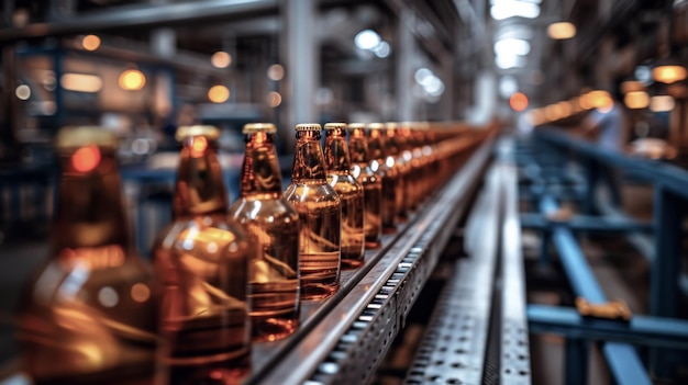 Bottiglie di birra di vetro sulla linea di produzione della birreria
