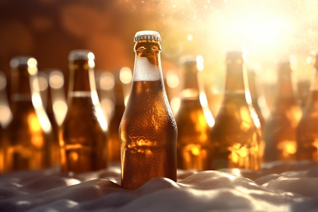 Bottiglie di birra su ghiaccio con AI generate