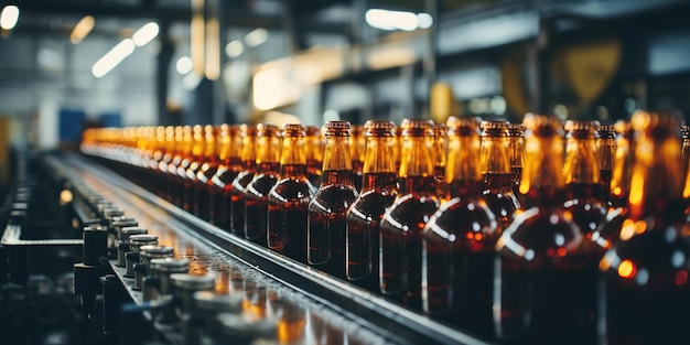Bottiglie di birra su un nastro trasportatore in una fabbrica Produzione di bevande di birra