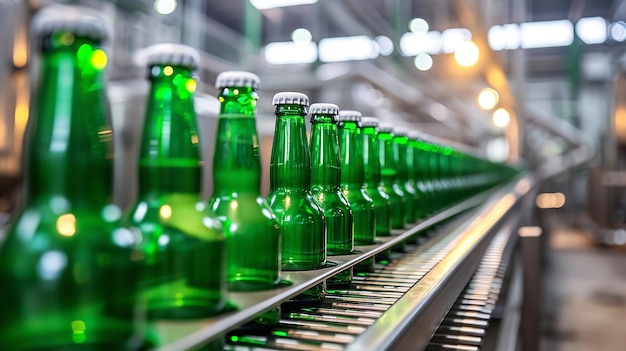 Bottiglie di birra verdi prodotte sullo sfondo dello spazio di fabbrica IA generativa